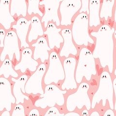 White  ghostes with hearts on pink background. Cute Halloween seamless pattern .