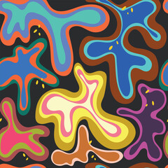 Abstract colorful spots and dots on black background, seamless pattern. Modern pattern, vector illustration.