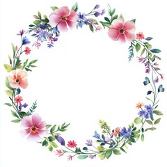 Fototapeta premium Watercolor floral circle frame isolated on white background.
