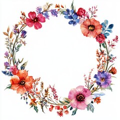 Obraz premium Watercolor floral circle frame isolated on white background.