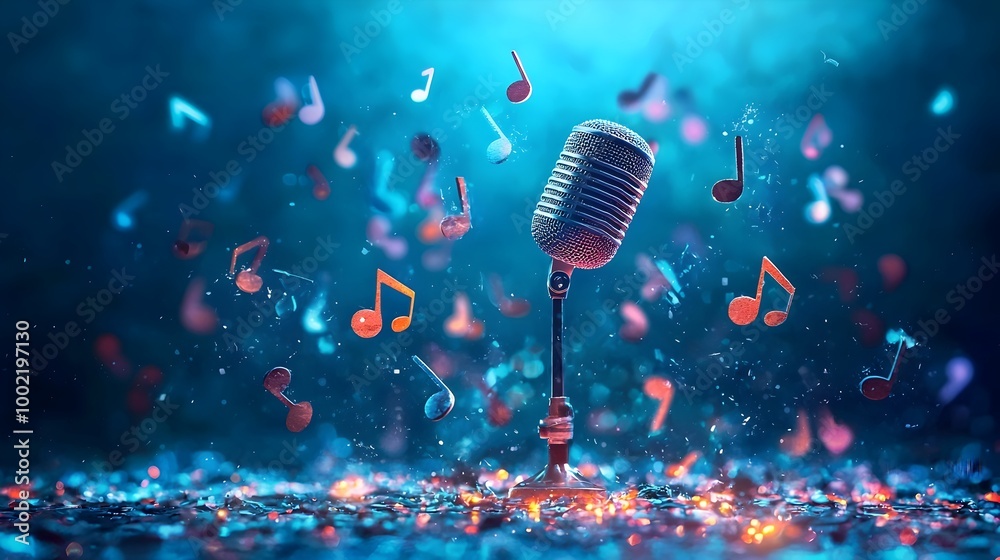 Poster Elegant and ethereal image of a glowing microphone surrounded by floating musical notes against a soft blurred bokeh background creating a captivating and atmosphere