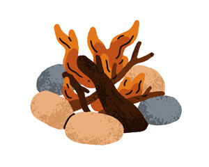 Fire, campfire with glowing flames, burning wood logs, firewood by rocks, stones. Cozy outdoor camping bonfire glowing for warmth, heat. Flat vector illustration isolated on white background
