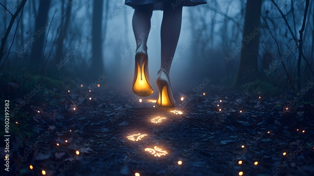 Poster elegant high heels delicately walking through a serene misty forest leaving behind a trail of captiv