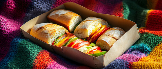 A colorful arrangement of fresh sandwiches in a cardboard box, perfect for outdoor picnics or casual gatherings.