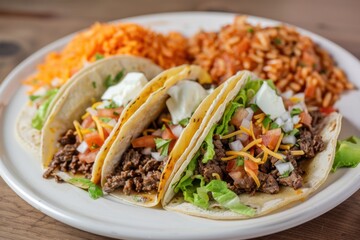 A hearty plate of beef tacos with lettuce, cheese, and salsa, served with a side of Mexican rice and beans. Copy space