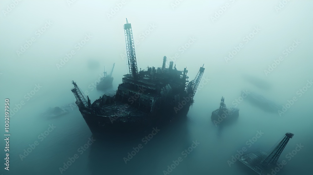 Poster enigmatic unmarked island emerging from the thick fog of the bermuda triangle surrounded by the ghos