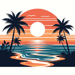 Obraz premium Tropical Sunset Beach Scene Palm Trees, Ocean, and Vibrant Colors Illustration