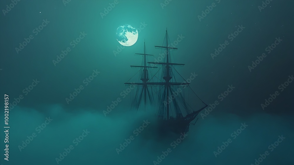 Aufkleber ethereal ghostly ship emerges from the misty depths of the bermuda triangle under the dramatic glow 