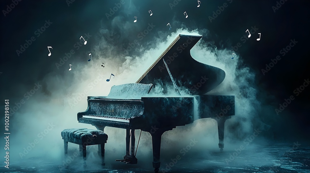 Aufkleber ethereal grand piano covered in a veil of mist with soft light highlighting the keys as musical note