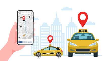 Hand Holding Smartphone for Mobile Taxi Ordering and Hailing Service. GPS Geotag on City Map. Yellow Taxi Car Front and Side View in Urban Landscape. Vector Illustration.