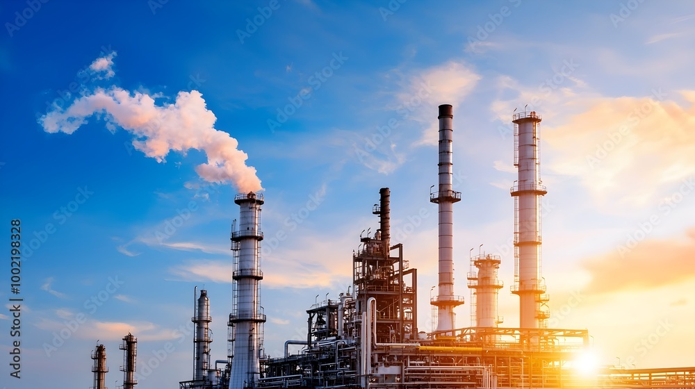 Poster expansive petrochemical plant showcasing the intricate process of refining petroleum into a vast arr