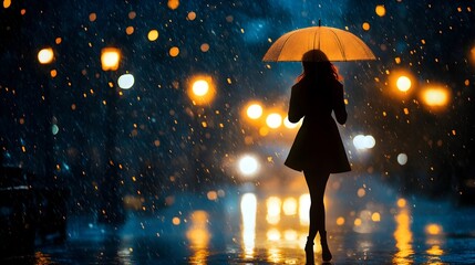 Fashionable silhouette of a female model walking in the rain with an umbrella lit by the warm glow of streetlights creating a cinematic and atmospheric scene in the city at night