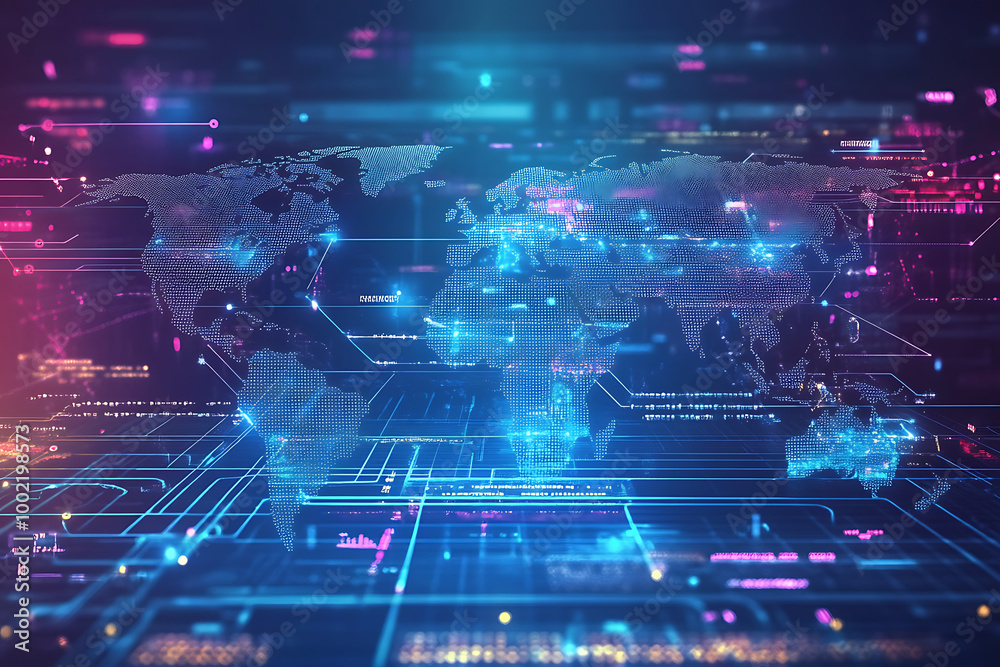 Poster a digital world map with glowing data connections and circuits, representing technology and connecti