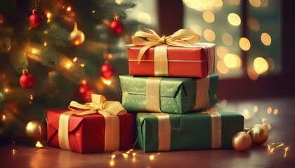 A stack of Christmas presents wrapped in red and green paper with golden bows, sitting under a tree with twinkling fairy lights.