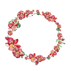 Wreath Frame. Watercolor Branch Rosehip Flowers, Leaves. Sketch Illustration. Isolated on White Background. for Cosmetic Products, Packaging, Postcards, Invitations, Flyers, Cosmetics, Gift Packages