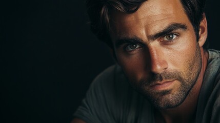 Obraz premium Close-up Portrait of a Man with Dark Hair and a Stubble Beard