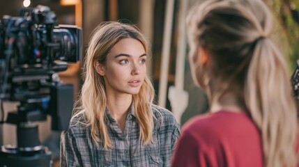 A young woman being interviewed with a camera in the foreground