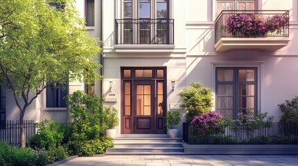 Naklejka premium Beautiful townhouse in the city with a bright exterior, leaving ample space for copy.