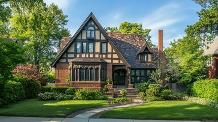 Beautifully designed house in a city neighborhood, with space for copy in the background.