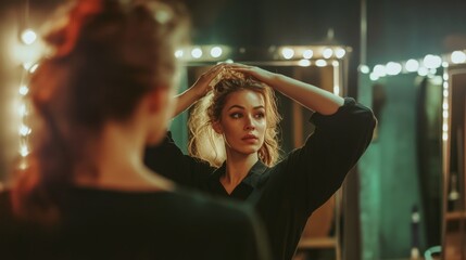 Woman Adjusting Her Hair in Front of a Mirror with String Lights