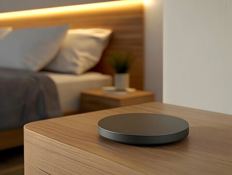 A modern bedroom scene featuring a sleek bedside table with a wireless charger, creating a cozy and stylish atmosphere.