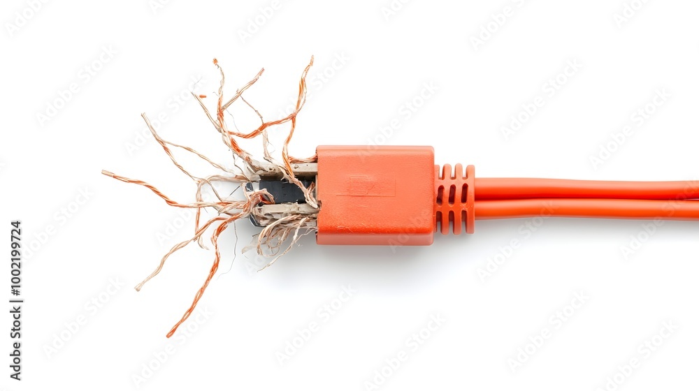 Aufkleber Frayed and tangled extension cord with exposed wiring isolated on a plain white background  Conceptual image representing electrical hazards dangers of faulty equipment