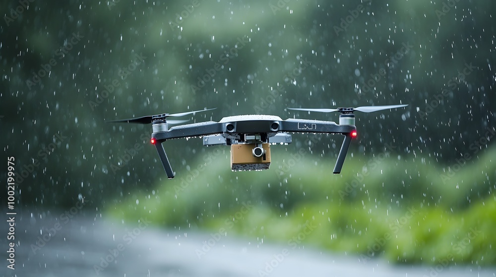 Poster futuristic drone hovering in the rain its sleek body glistening as raindrops bounce off the surface 