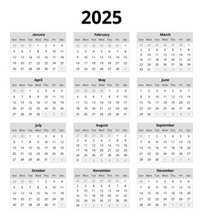 2025 year english vector calendar with 12 months grey colors