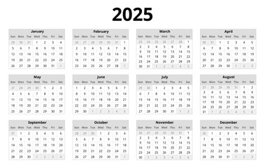 2025 year english vector calendar with 12 months grey colors