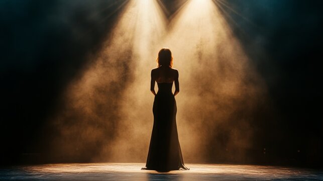 A woman in a long dress standing on a stage with spotlight and smoke
