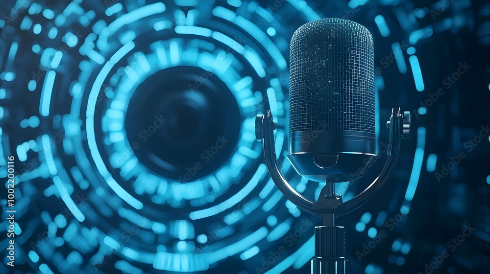 Poster Futuristic microphone enveloped by holographic sound waves set against a sleek metallic backdrop with a modern dynamic atmosphere  This image evokes a high tech
