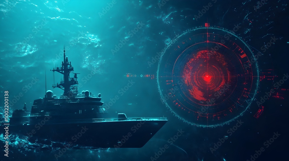 Aufkleber Futuristic radar screen displaying distorted glitching signals as a ship passes through the mysterious Bermuda Triangle an area known for unexplained phenomena and supernatural occurrences