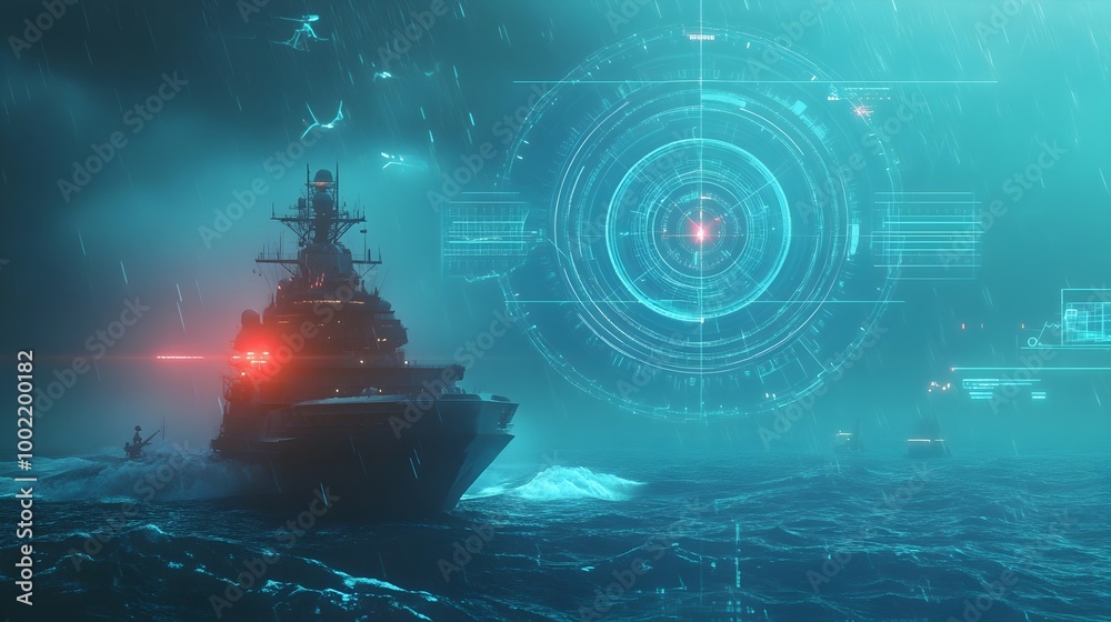 Aufkleber Futuristic radar screen showing distorted anomalous signals as a ship passes through the mysterious Bermuda Triangle region  Geospatial data visualization of unexplained maritime phenomenon