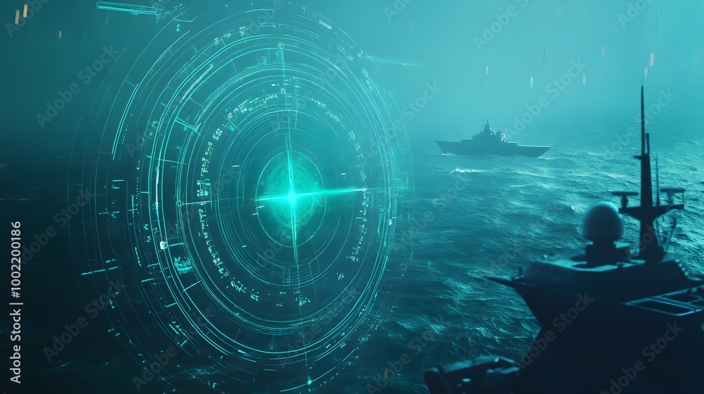 Aufkleber Futuristic radar screen displaying distorted signals and anomalous data as a ship passes through the mysterious Bermuda Triangle region