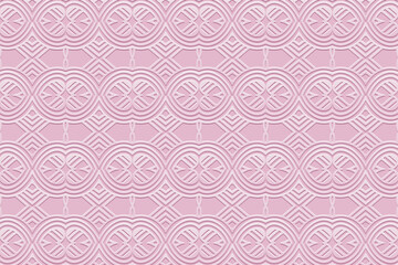 Luxury satin pink background, tribal design cover, banner. Geometric 3d pattern with hearts, embossing. Textured ethnic ornaments, arabesques, mandala of the East, Asia, India, Mexico, Aztec, Peru.