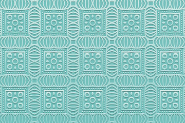 Luxurious satin blue background, tribal cover design, banner. Geometric vintage 3D pattern, embossing. Textured ethnic ornaments, arabesques, mandala of the East, Asia, India, Mexico, Aztec, Peru.