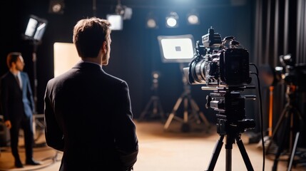 A Cameraman Prepares to Film a Man in a Suit on a Studio Set