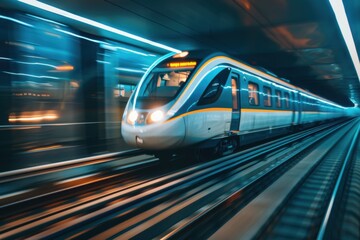 Fototapeta premium Futuristic High-Speed Electric Train in Motion for Efficient Urban Transportation