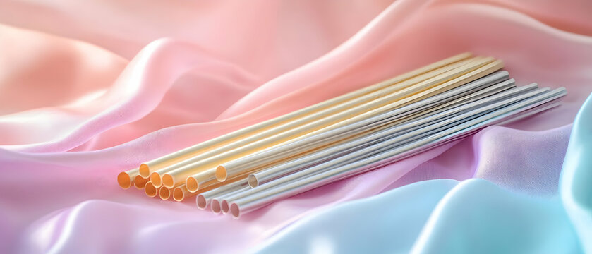 A serene arrangement of colorful straws on soft pastel fabric, perfect for vibrant drink presentations and creative party settings.