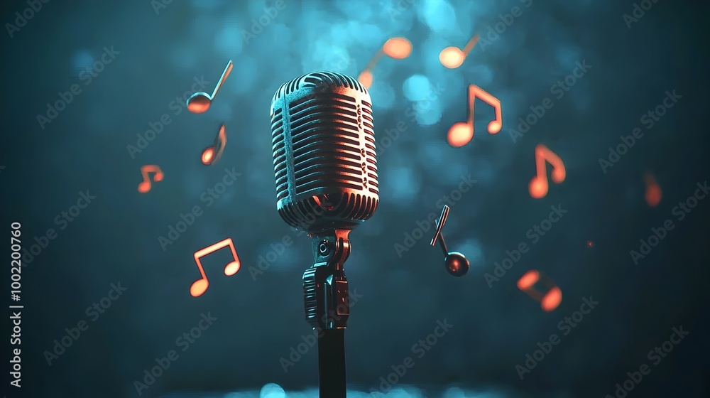 Aufkleber Glowing Microphone Surrounded by Floating Musical Notes with Soft Bokeh Background   A Captivating Representation of the Creative Essence of Music Performance and Production