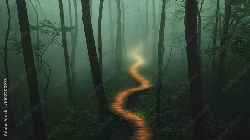 Aufkleber glowing pathway emerging from misty forest symbolizing clarity and direction amidst uncertainty ethe