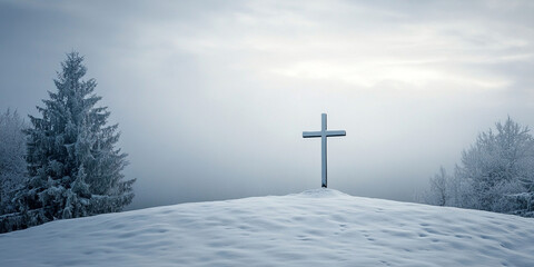 Minimalistic Christian religious background with cross on hill