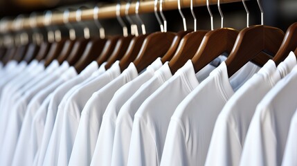 Fototapeta premium A collection of neatly hung white shirts displayed on wooden hangers in a clothing store