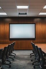 Modern Conference Room with Wooden Paneling and Large Screen for Presentations