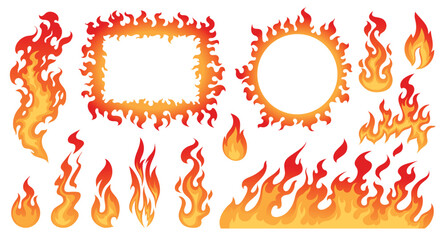 Cartoon set burning flames, wildfire elements, fire flame spurts, tongues of flame, ring of fire, frame of fire, bonfire. Burn red flames,  fireballs, symbols, illustrations isolated on white. 