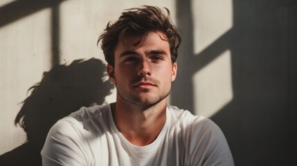 Fototapeta premium Young Man with Brown Hair Looking Directly at Camera in a White T-shirt