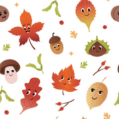 Cute autumn characters seamless pattern. Leaves, mushroom, nuts. Funny faces. Vector colorful illustration background.