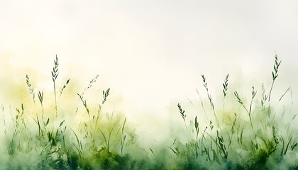A gentle watercolor painting of a field of grass, with light green and yellow tones, blending into the white background