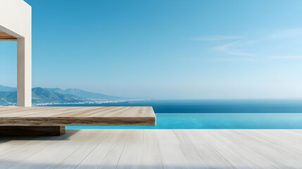 Fototapeta premium A serene view of a modern infinity pool with a stunning ocean backdrop, ideal for relaxation and luxury lifestyle imagery.