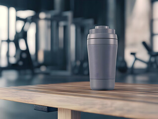 A sleek, modern shaker cup resting on a wooden table in a gym, ideal for fitness enthusiasts and healthy nutrition.